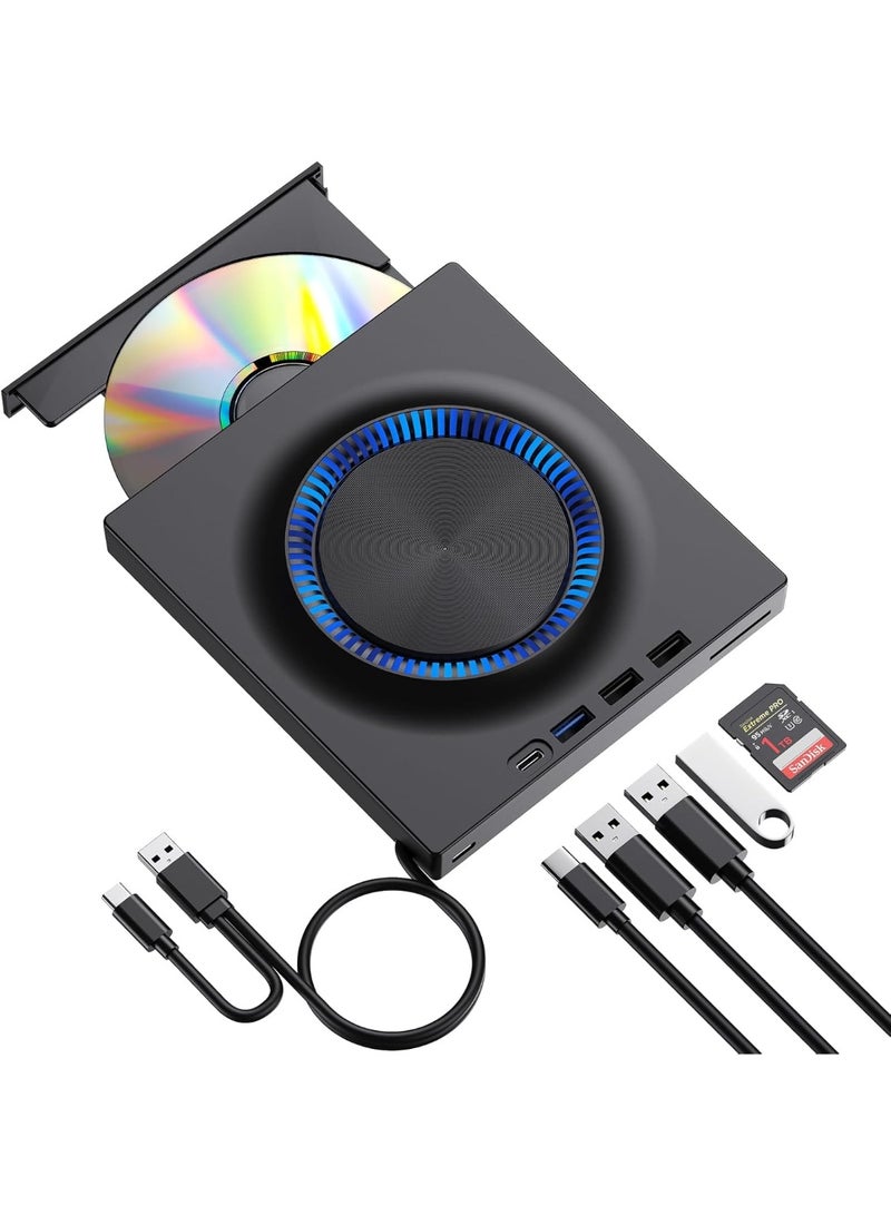 كيلا مشغل أقراص CD DVD خارجي للكمبيوتر المحمول USB-C ناسخ أقراص CD/DVD +/-RW قارئ كاتب محرك أقراص محمول مع منفذ USB 3.0 وفتحة بطاقة SD لأجهزة Apple Mac و Windows 11/10/8/7 و Linux PC والكمبيوتر المحمول - Image 1
